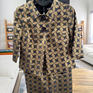 Michael Kors blue and gold geometric sleeveless dress and blazer set.